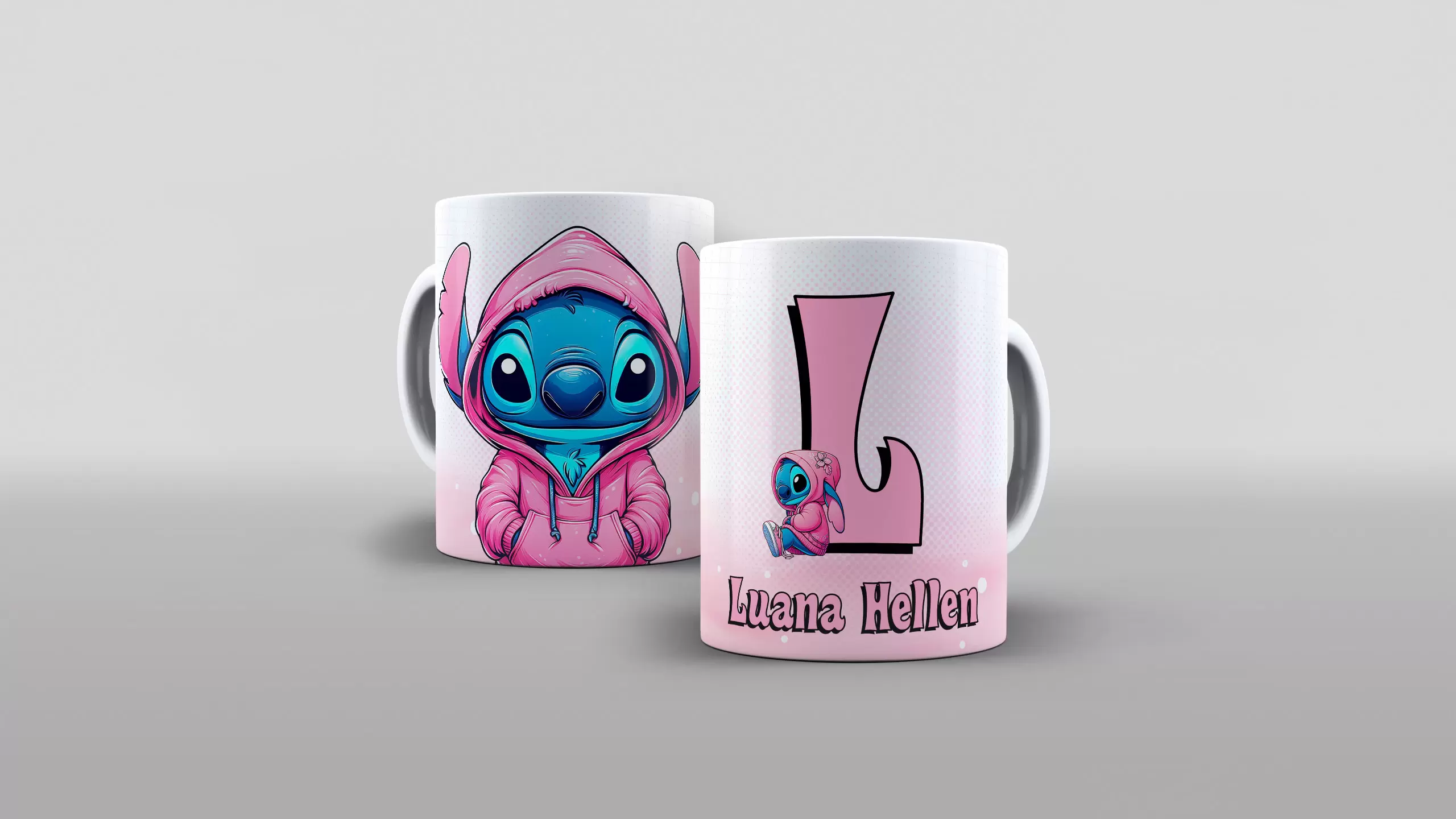 Arte alfabeto stitch com moletom rosa com nome para caneca