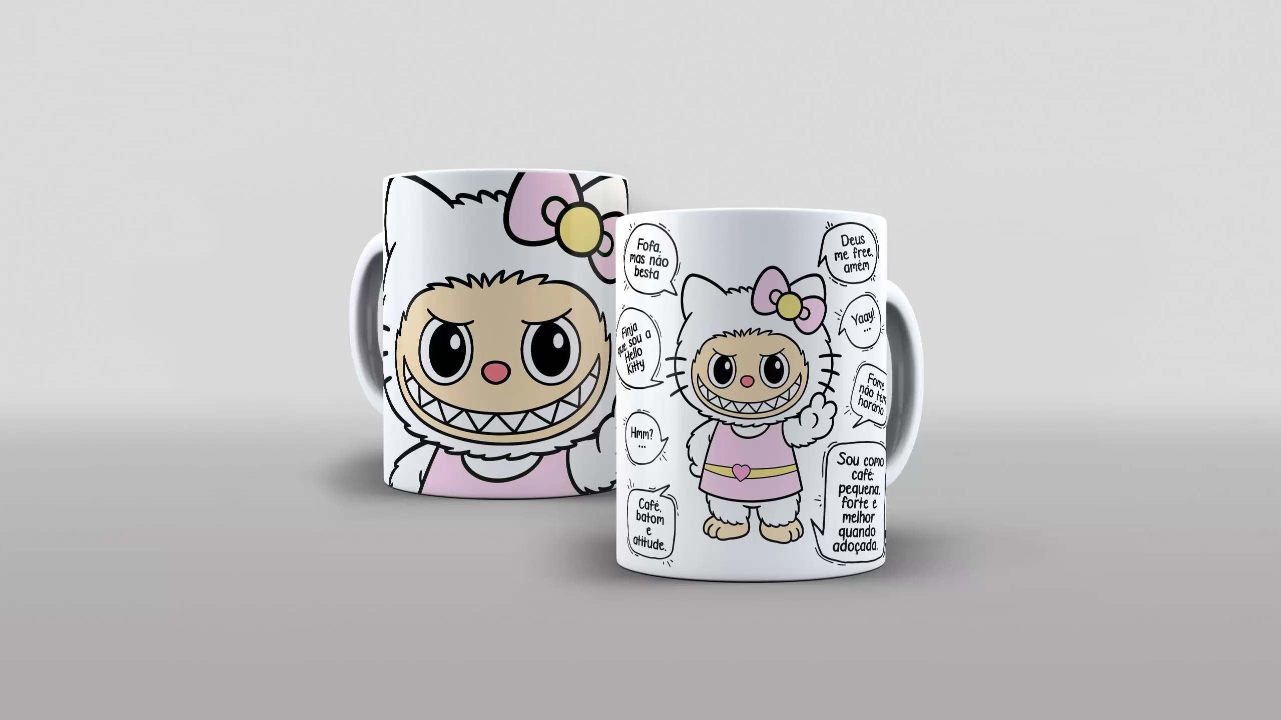 Arte Labubu Hello Kitty fofa mas não besta- fome não tem horário pra caneca