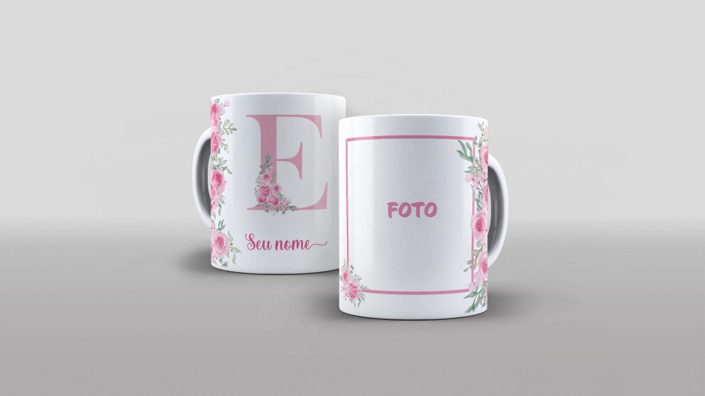 ARTE PARA CANECA - ALFABETO COM FOTO E NOME FLORAL- LETRA E-979