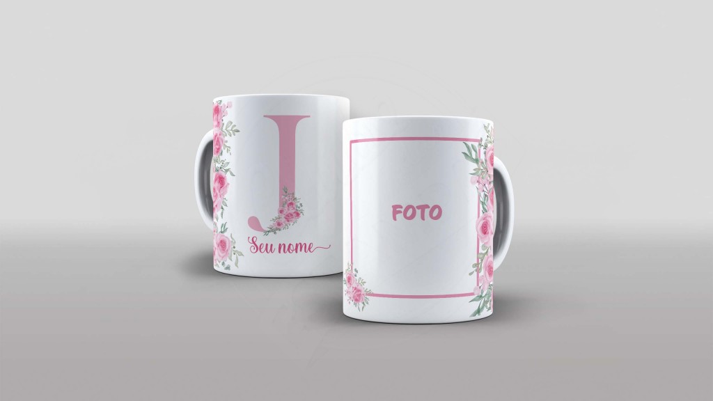ARTE PARA CANECA - ALFABETO COM FOTO E NOME FLORAL- LETRA J-989