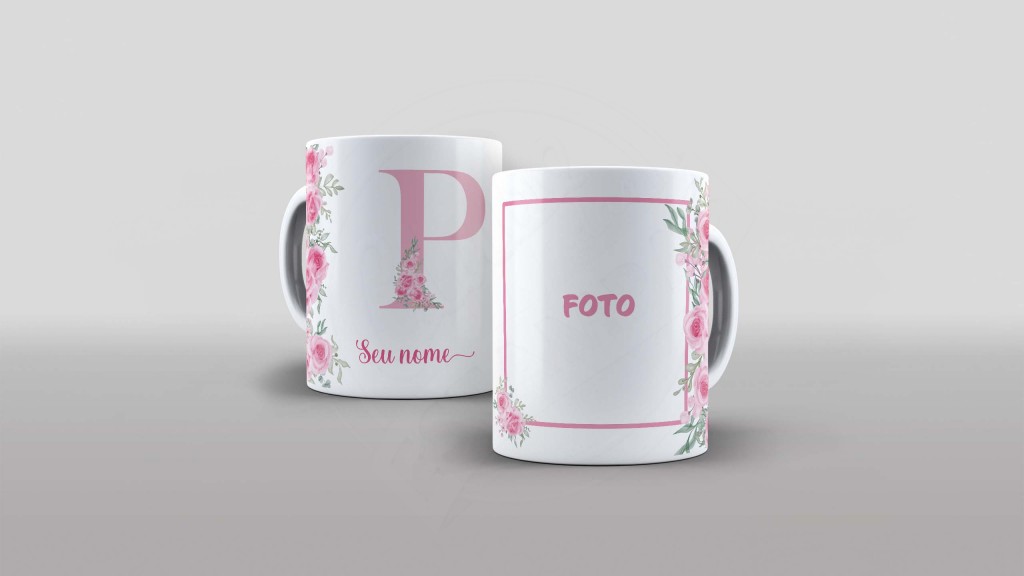 ARTE PARA CANECA -ALFABETO COM FOTO E NOME FLORAL  - LETRA P-1001