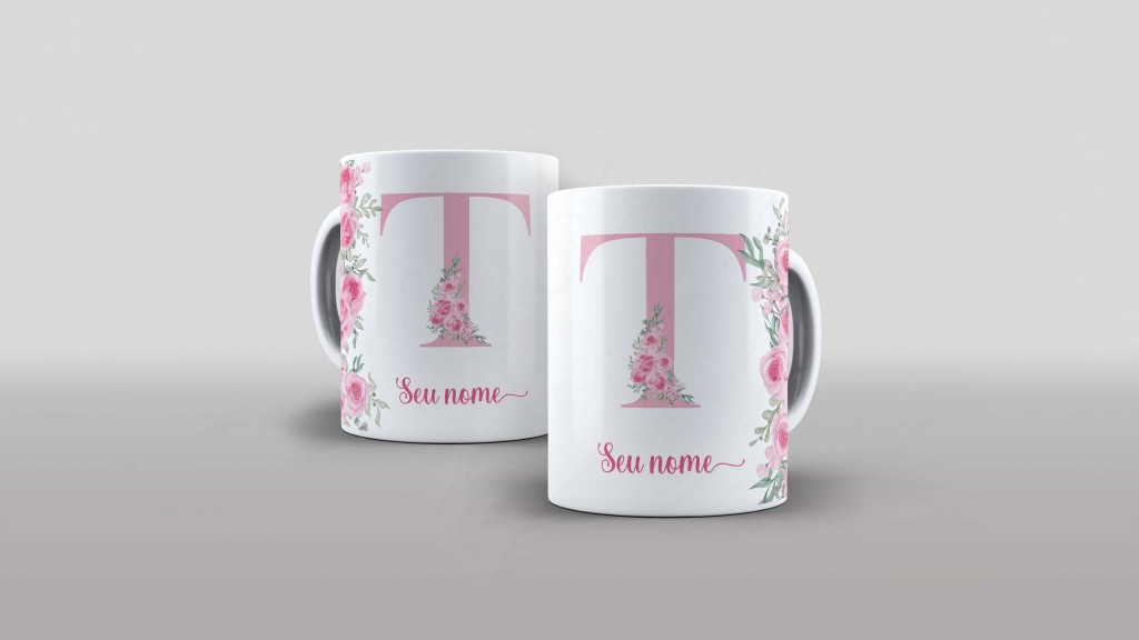 ARTE PARA CANECA -ALFABETO COM NOME FLORAL  - LETRA T-1010