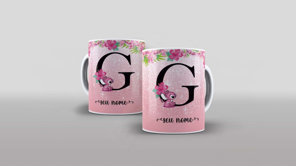 ARTE PARA CANECA  - ALFABETO - STITCH ANGEL - LETRA G-1095