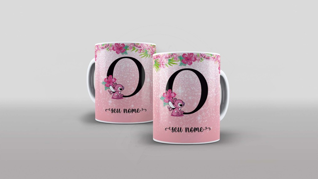 ARTE PARA CANECA  - ALFABETO - STITCH ANGEL - LETRA O-1103