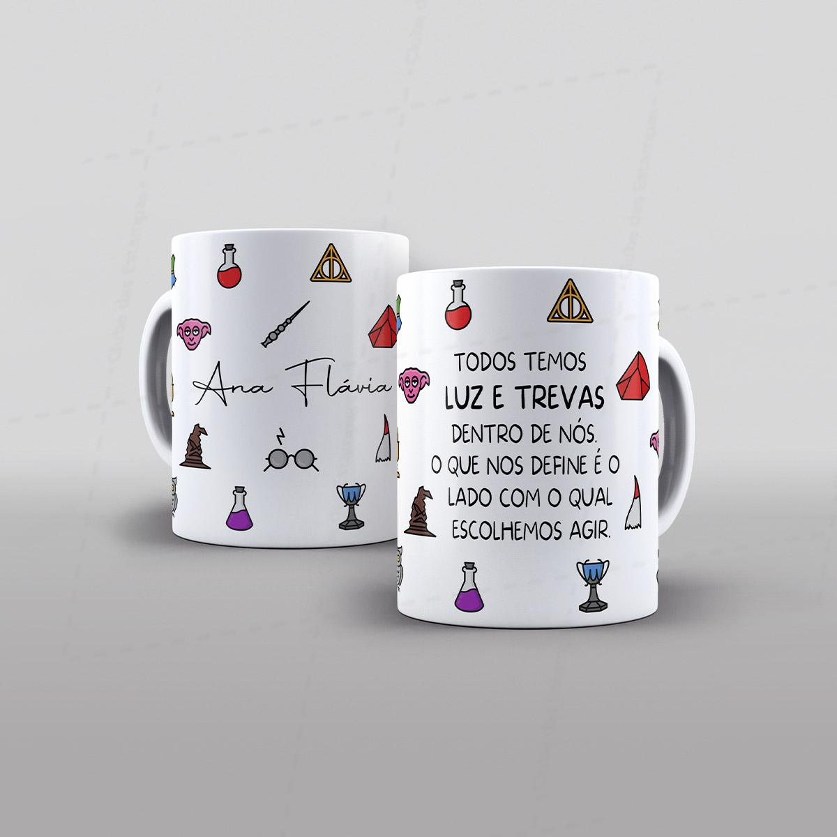 Arte Harry Potter com nome e frase todos temos luz e trevas dentro de nos o que nos define e o lado 