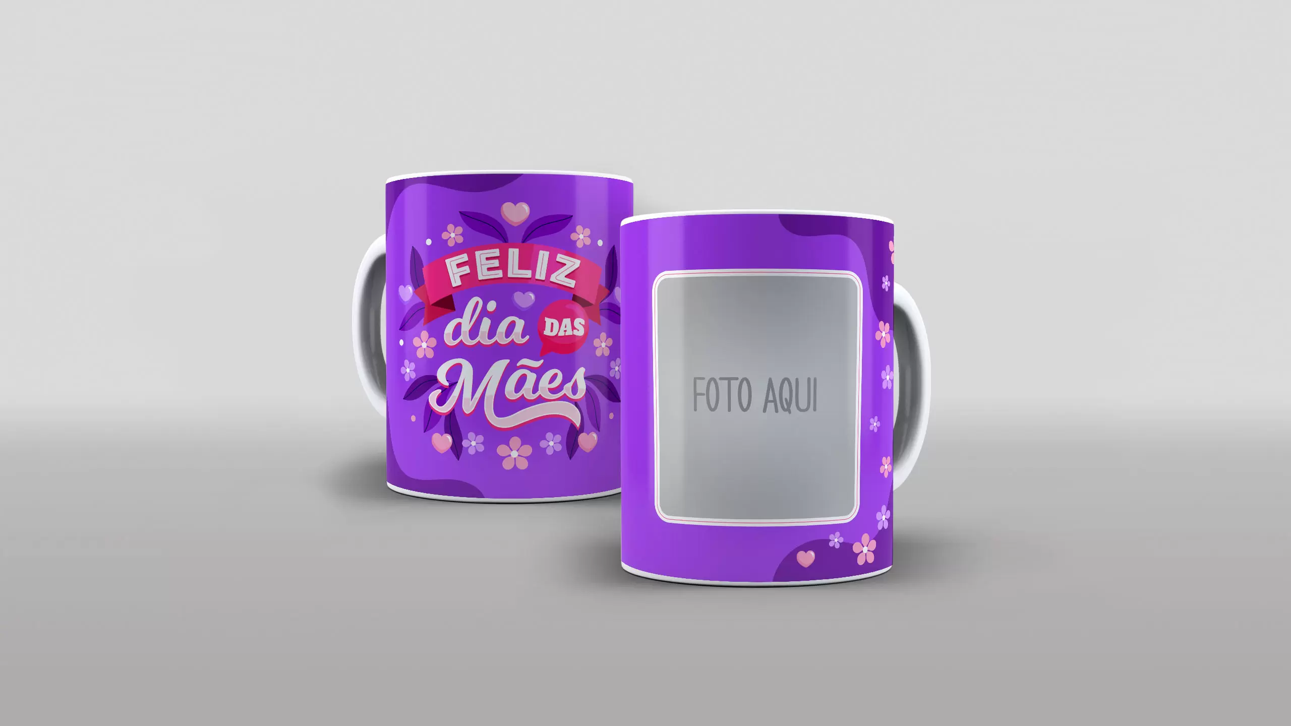 Arte Feliz dia das mães roxa com flores desenhadas com espaço para foto pra caneca