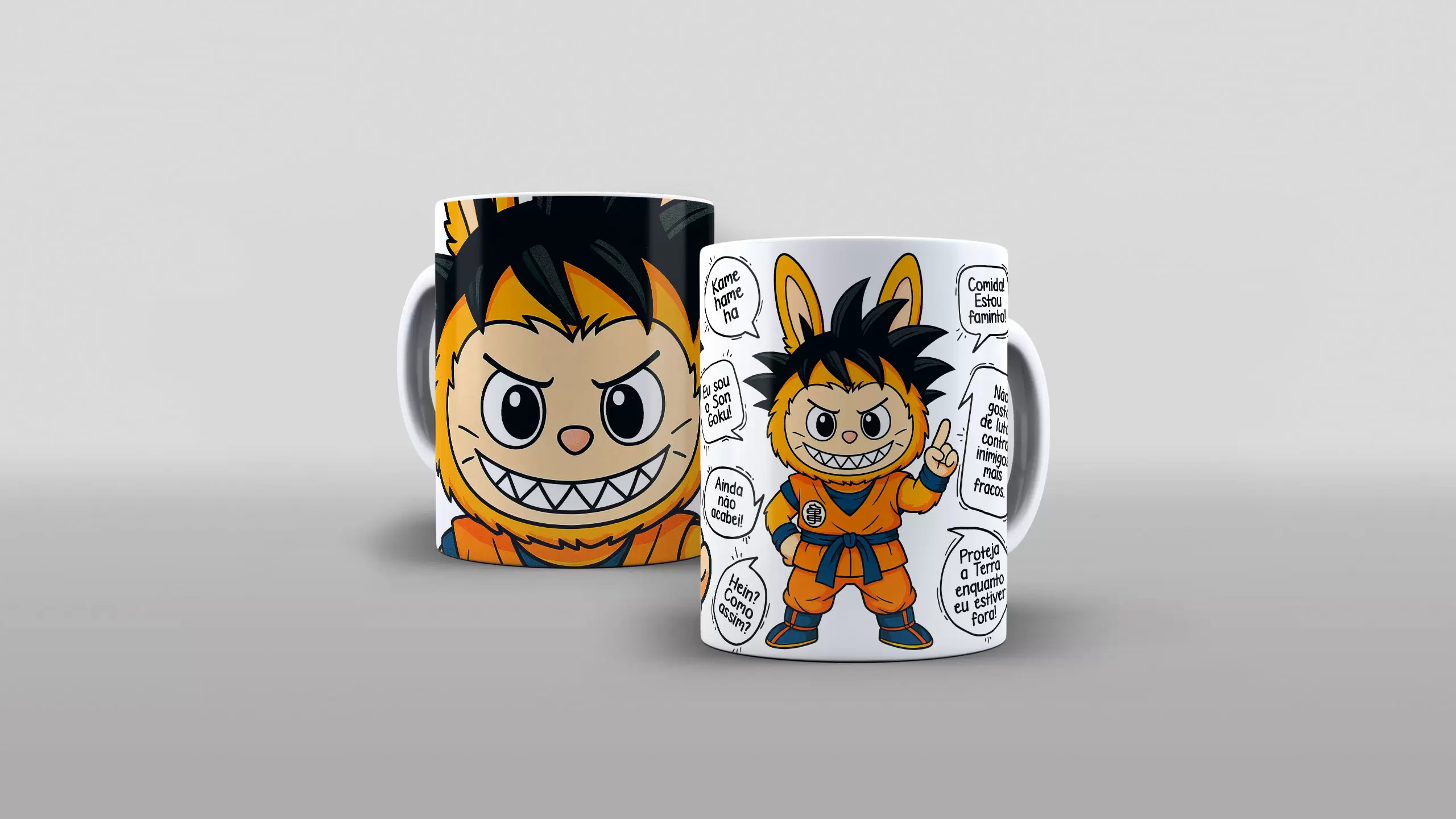 Arte labubu Eu sou Son Goku Kamehameha para caneca