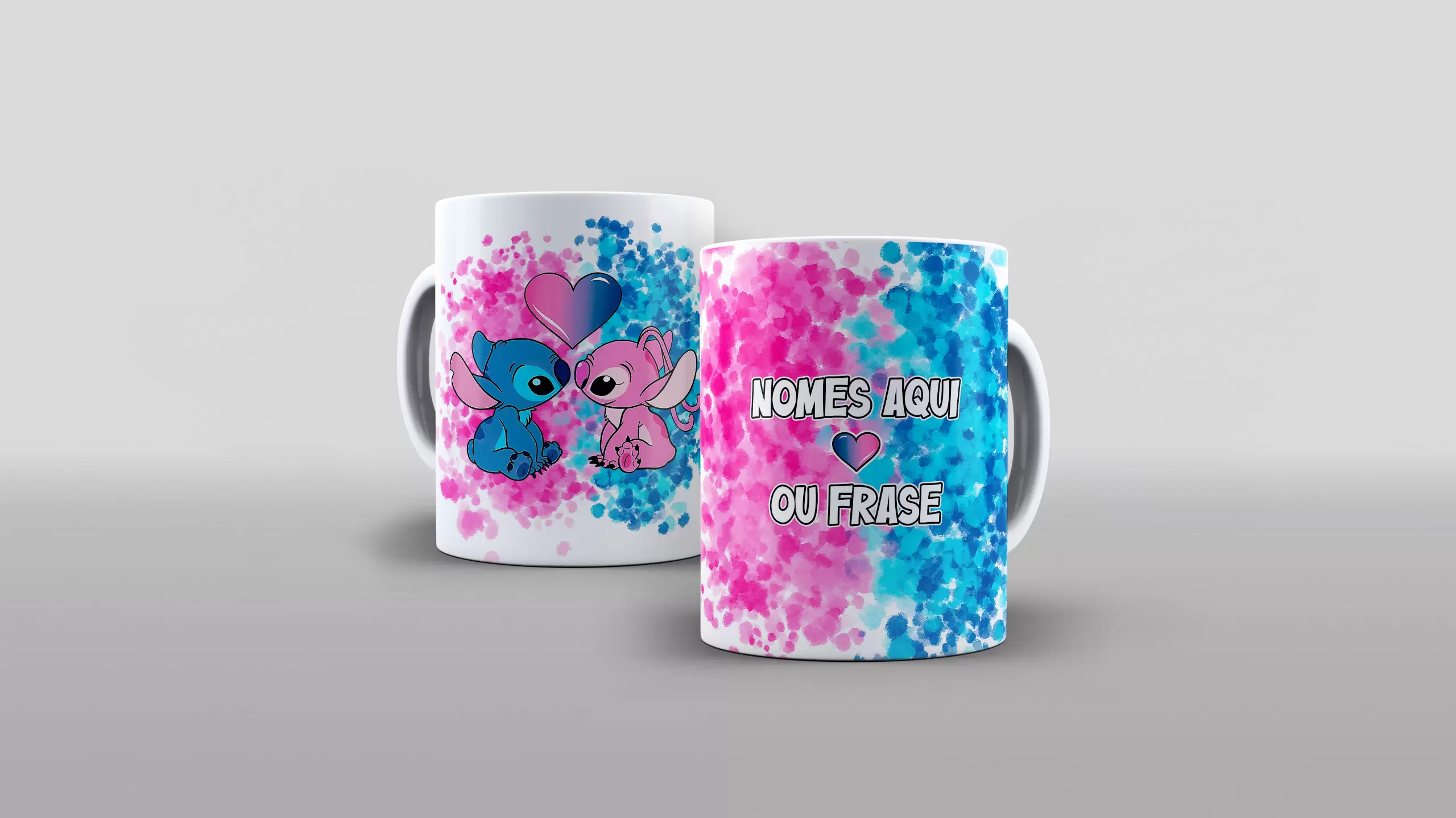 Arte Stitch e Angel com nome ou frase estampa rosa e azul para caneca